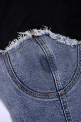 Denim Patchwork Round Neck Asymmetrical Hem Short Sleeve T-Shirt