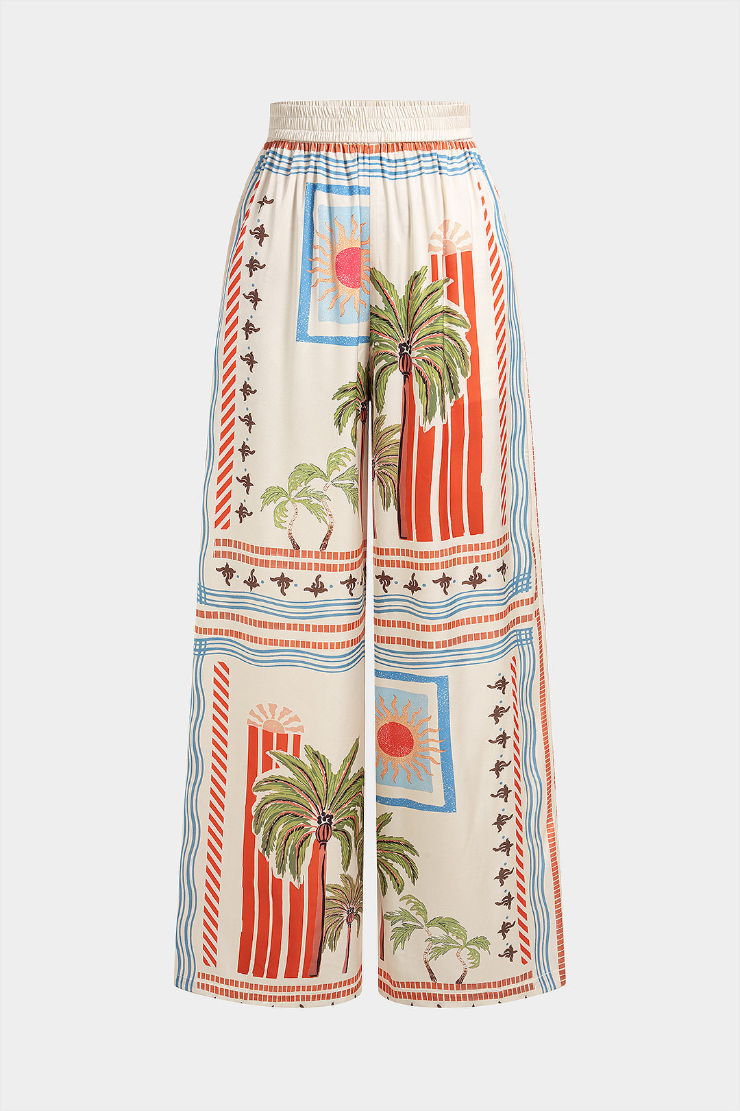 Coconut Palm Stripes Print Satin Wide Leg Pants