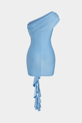 3D Flower Decor Ruffle Ruched One Shoulder Asymmetrical Mini Dress