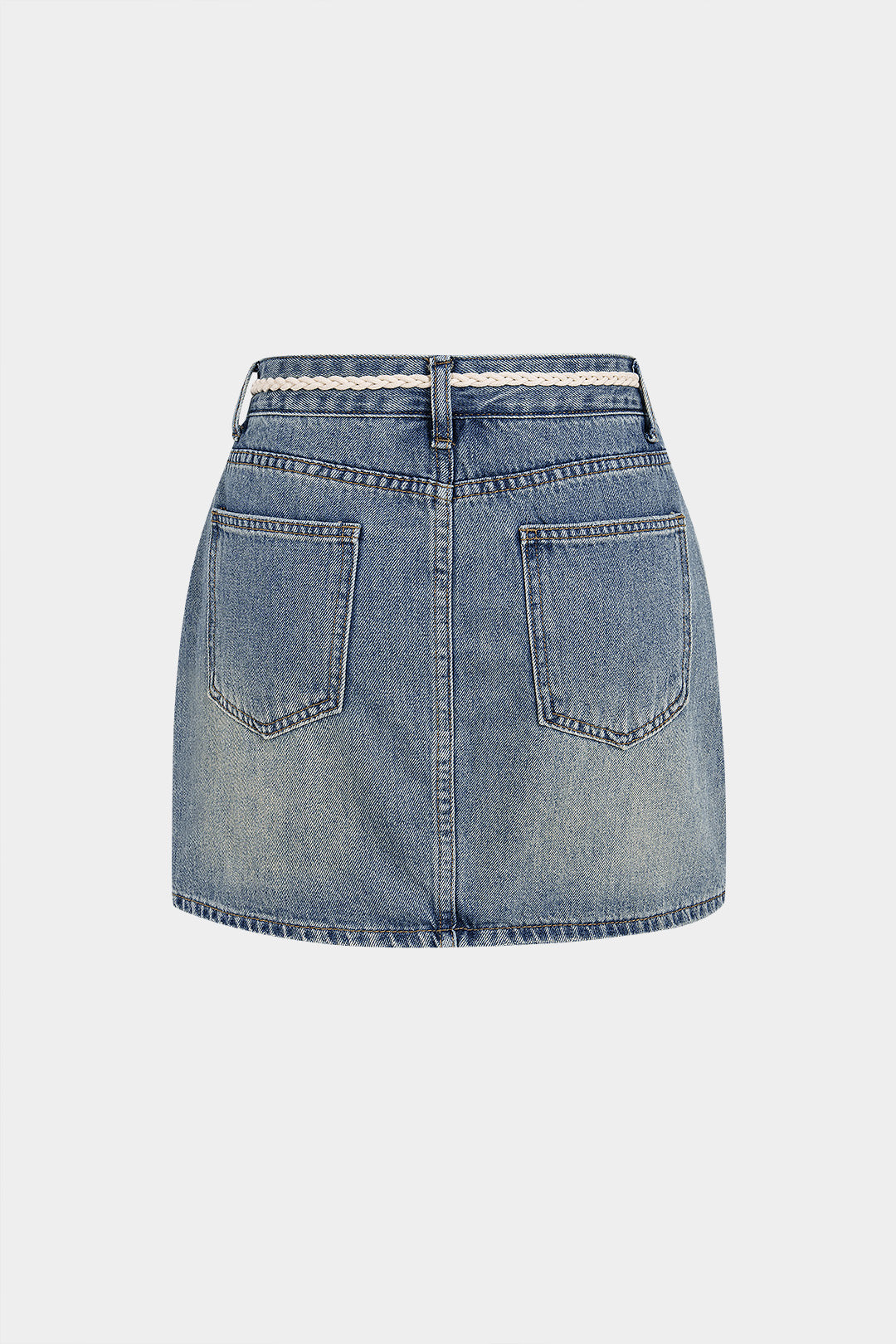 Denim Braided Belted High Waist A-Line Skirt