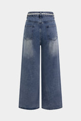 Denim Mesh Patchwork Belted Asymmetrical Rhinestone Decor Jeans