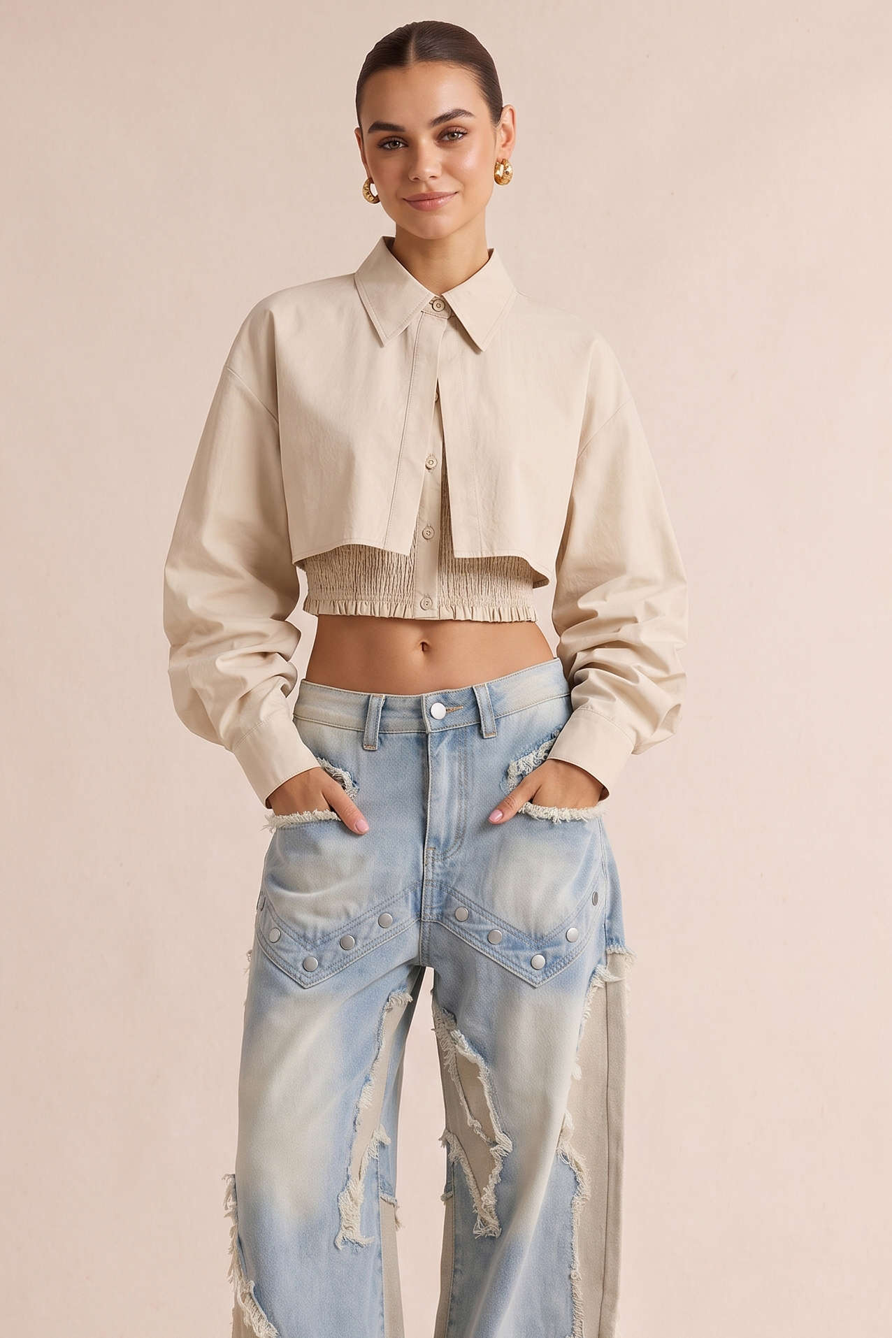 Button Smocked Tube Top And Lapel Long-Sleeve Shirt