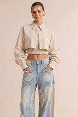 Button Smocked Tube Top And Lapel Long-Sleeve Shirt