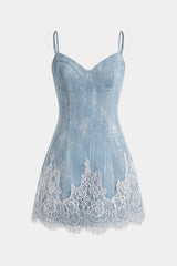 Denim Patchwork Lace Trim Zipper Sleeveless Mini Dress