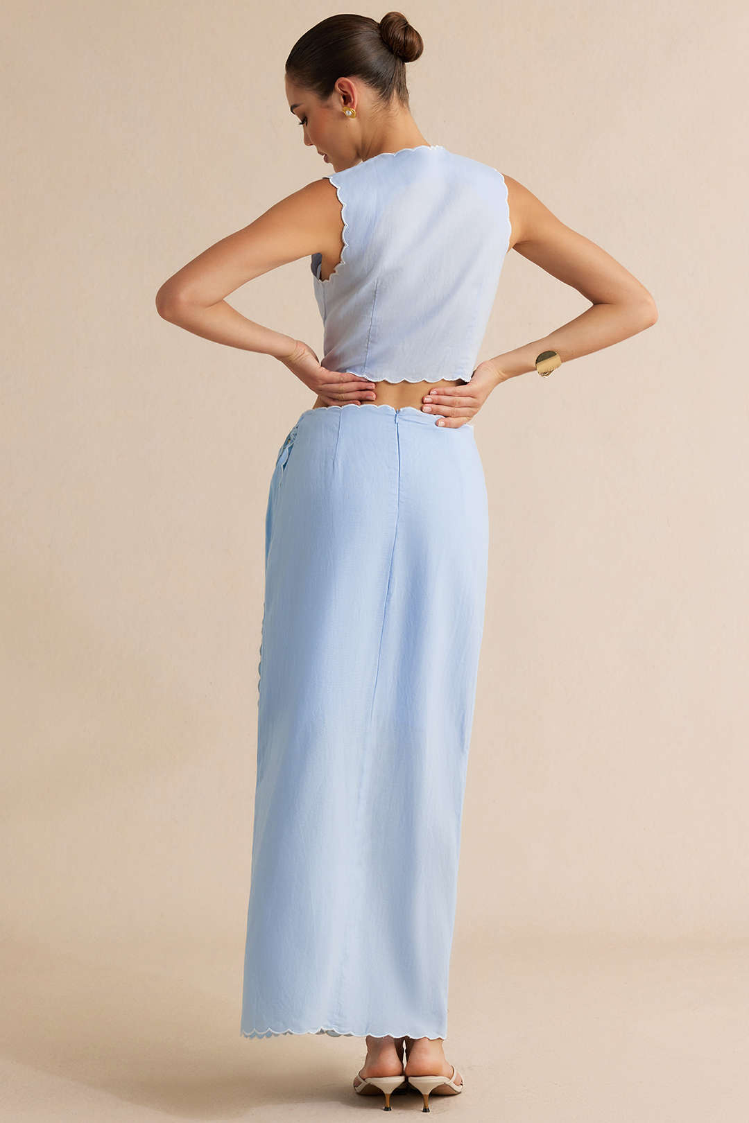 Contrast Whipstitching Linen Tie Front Wrap Skirt