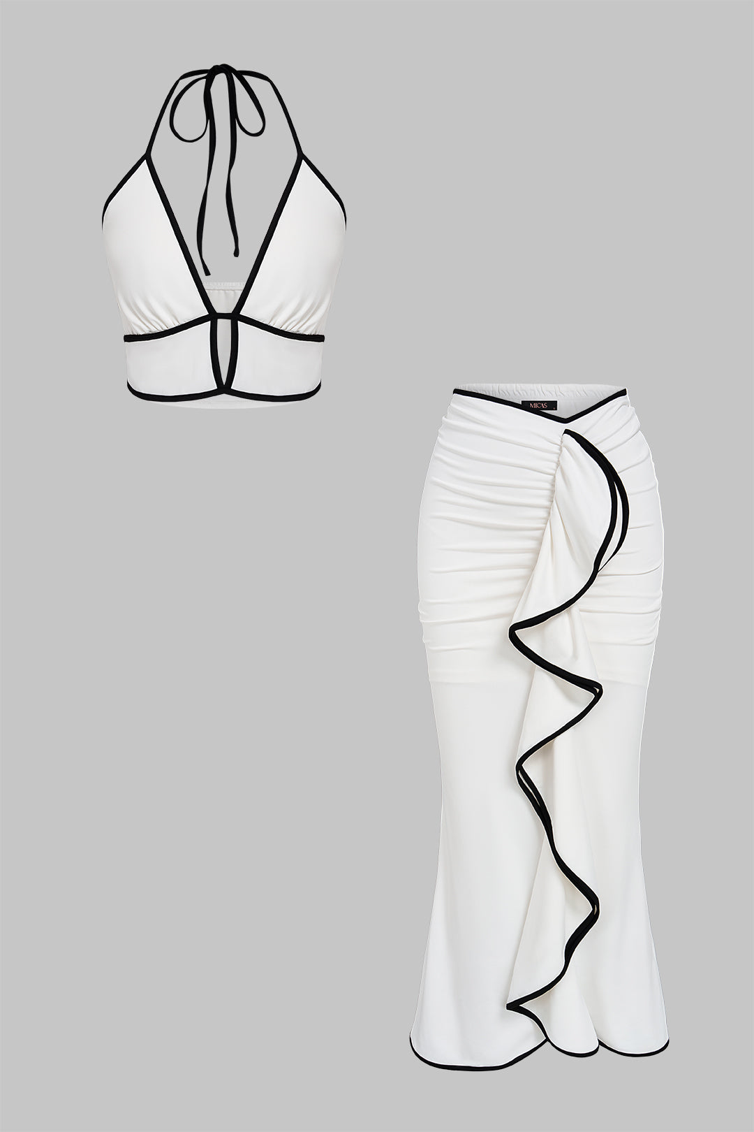 Contrast Trim Cut-Out Halter Neck Tie-Up Top And Asymmetrical Ruched Skirt Set