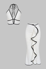 Contrast Trim Cut-Out Halter Neck Tie-Up Top And Asymmetrical Ruched Skirt Set