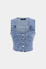 Denim Button Cropped Vest