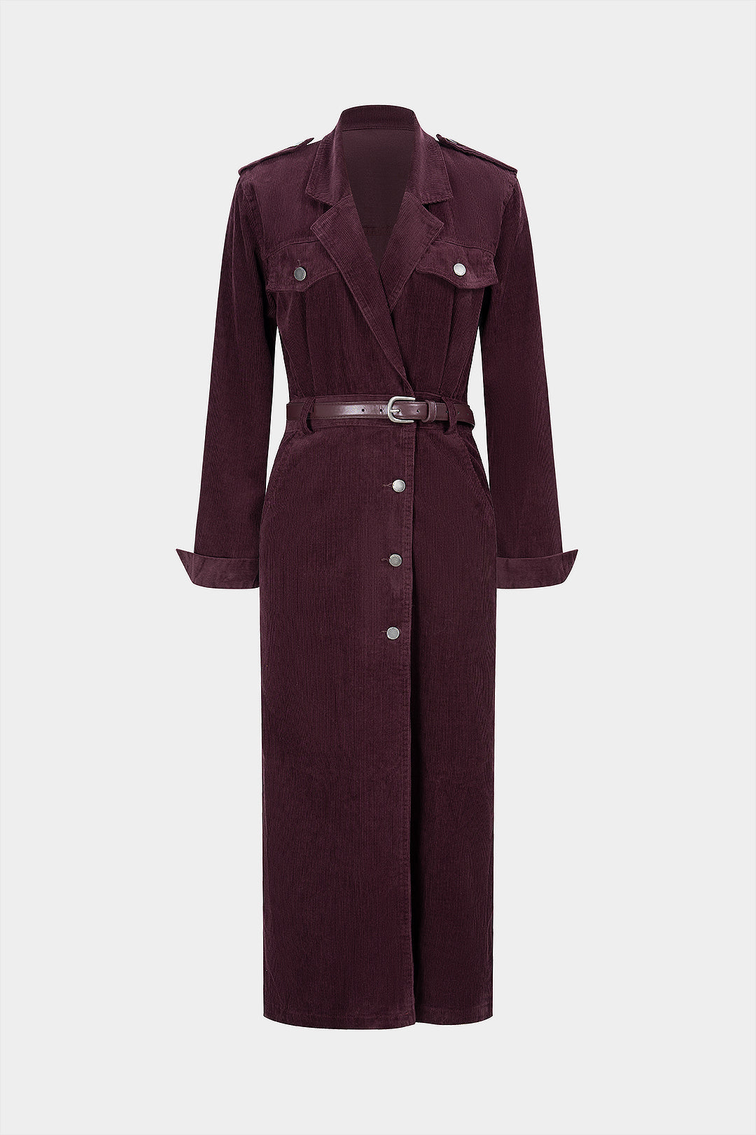 Corduroy Notched Lapel Button Pocket Belted Long Sleeve Midi Dress