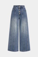 Denim Metallic Button Stitching Detail Wide-Leg Jeans