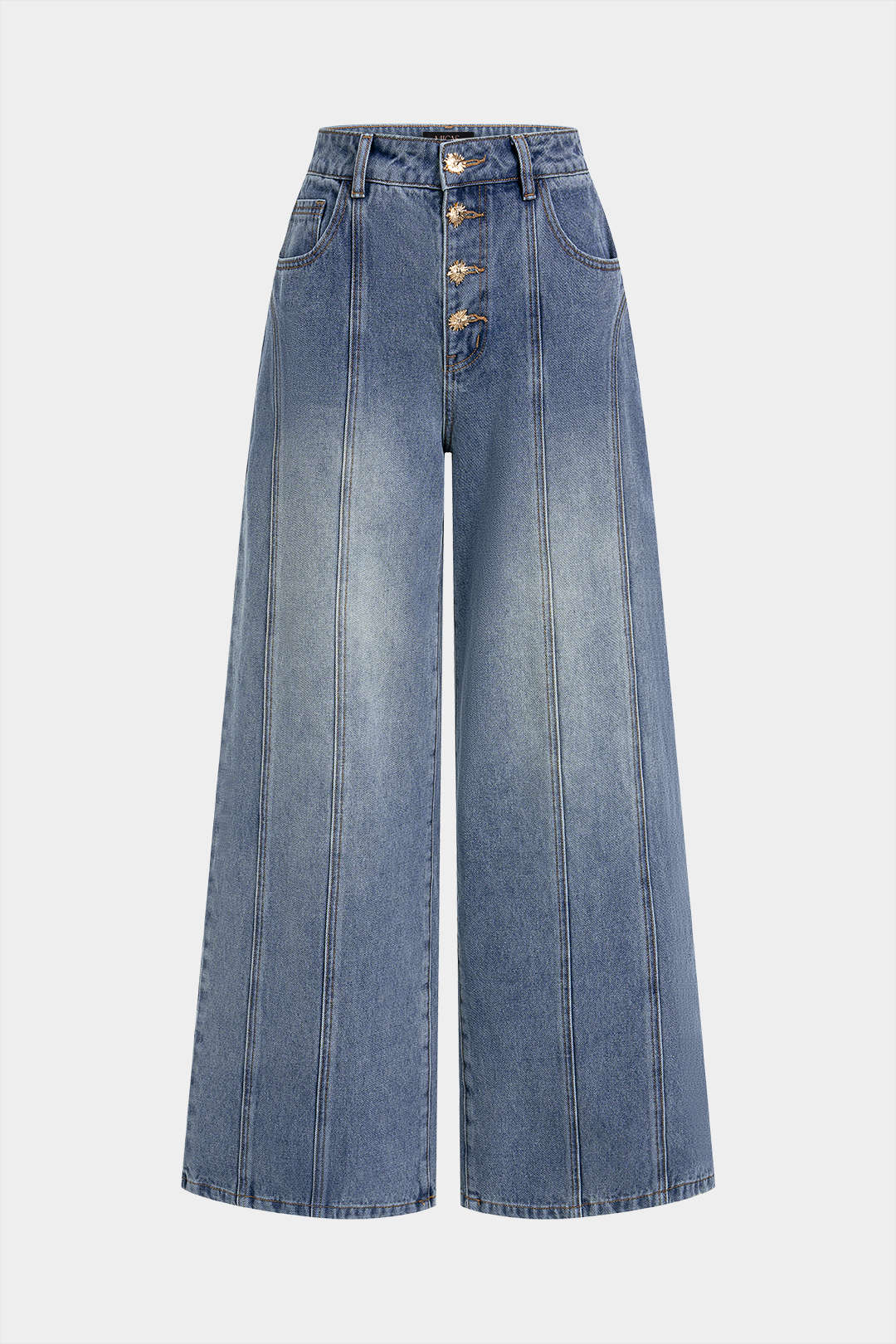 Denim Metallic Button Stitching Detail Wide-Leg Jeans