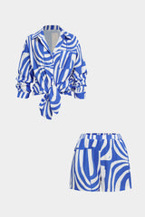 Abstract Print Lapel Long Sleeve Shirt And Shorts Set