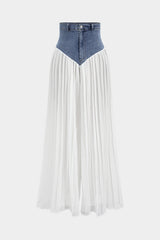 Denim Dry Clean Bustier Zipper Cami Top And Chiffon Pleated Patchwork Trousers Set