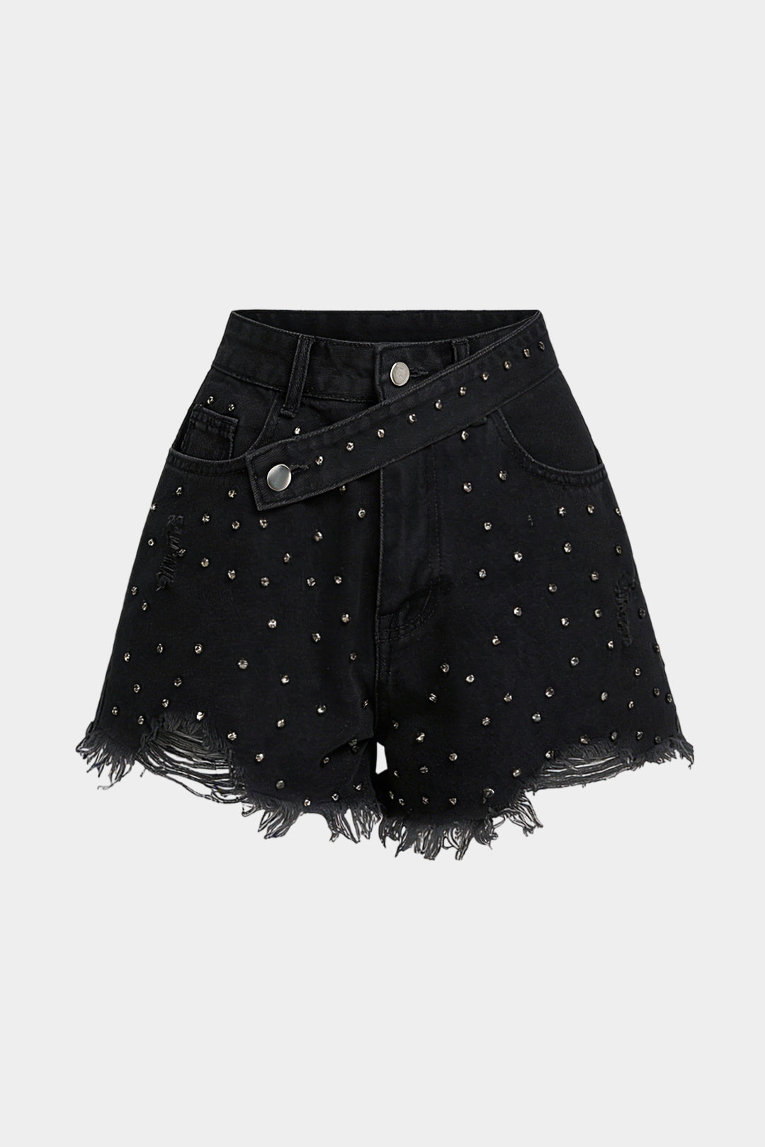 Denim Ripped Rhinestone Asymmetrical Shorts
