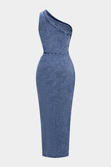 Denim One Shoulder Cut Out Asymmetrical Slit Zipper Midi Dress