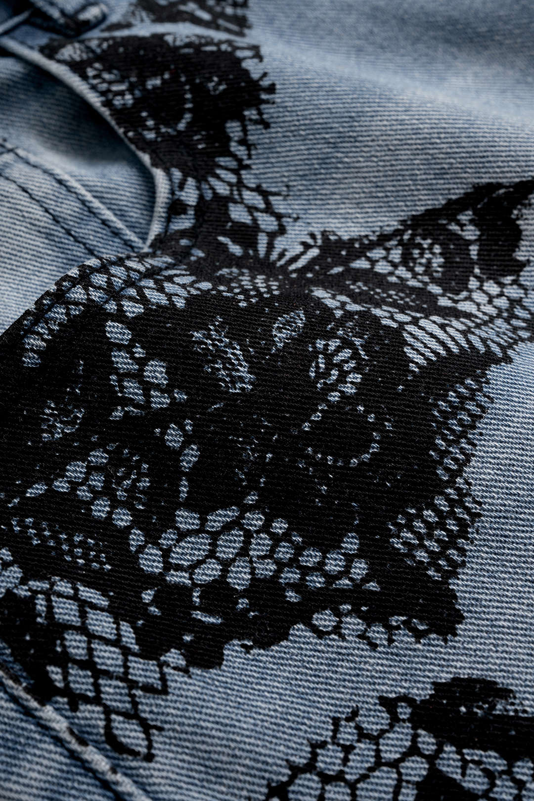 Denim Lace Print Pocket Straight Leg Jeans