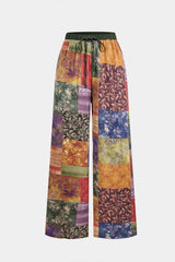 Abstract Print Satin Shirred Waistband Wide Leg Pants