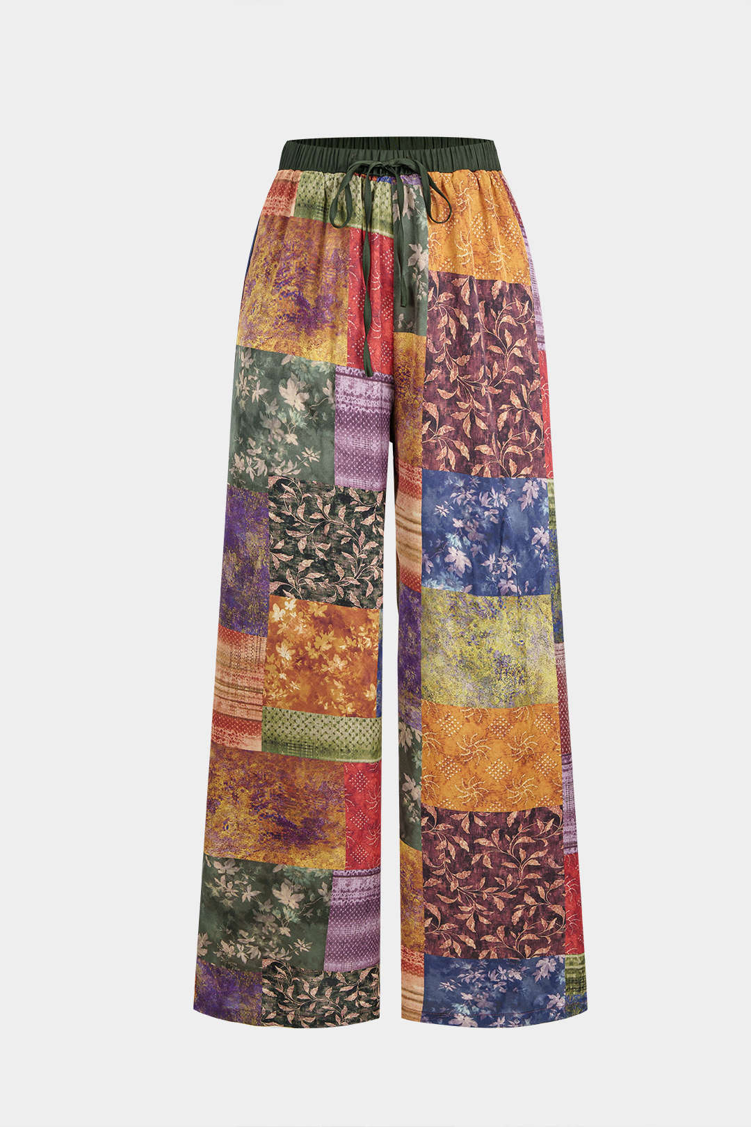Abstract Print Satin Shirred Waistband Wide Leg Pants