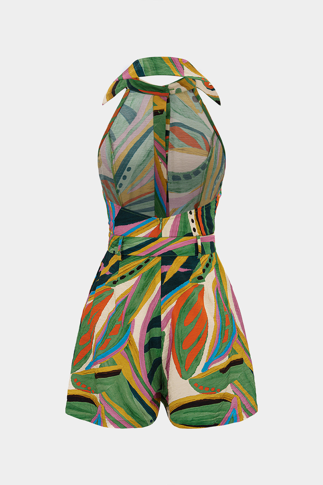 Abstract Contrast Print Button Halter Neck Ruched Belted Sleeveless Romper