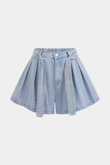 Denim Belted High Waist Pleated Wide Leg Shorts