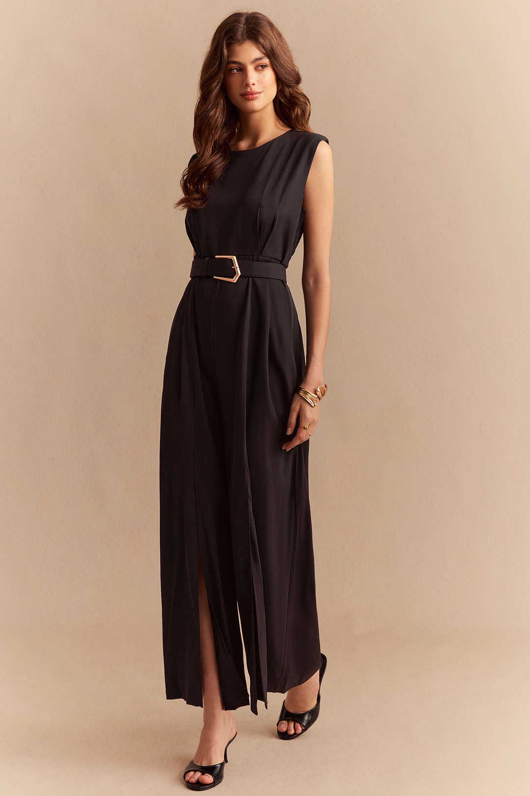 Chiffon Round Neck Belted Sleeveless Wide Leg Jumpsuit