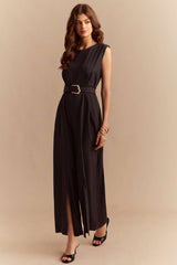 Chiffon Round Neck Belted Sleeveless Wide Leg Jumpsuit