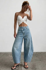 Denim Asymmetrical Button Barrel Jeans