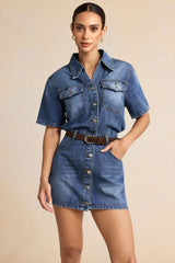 Denim Button Pocket Belted Short Sleeve Mini Dress