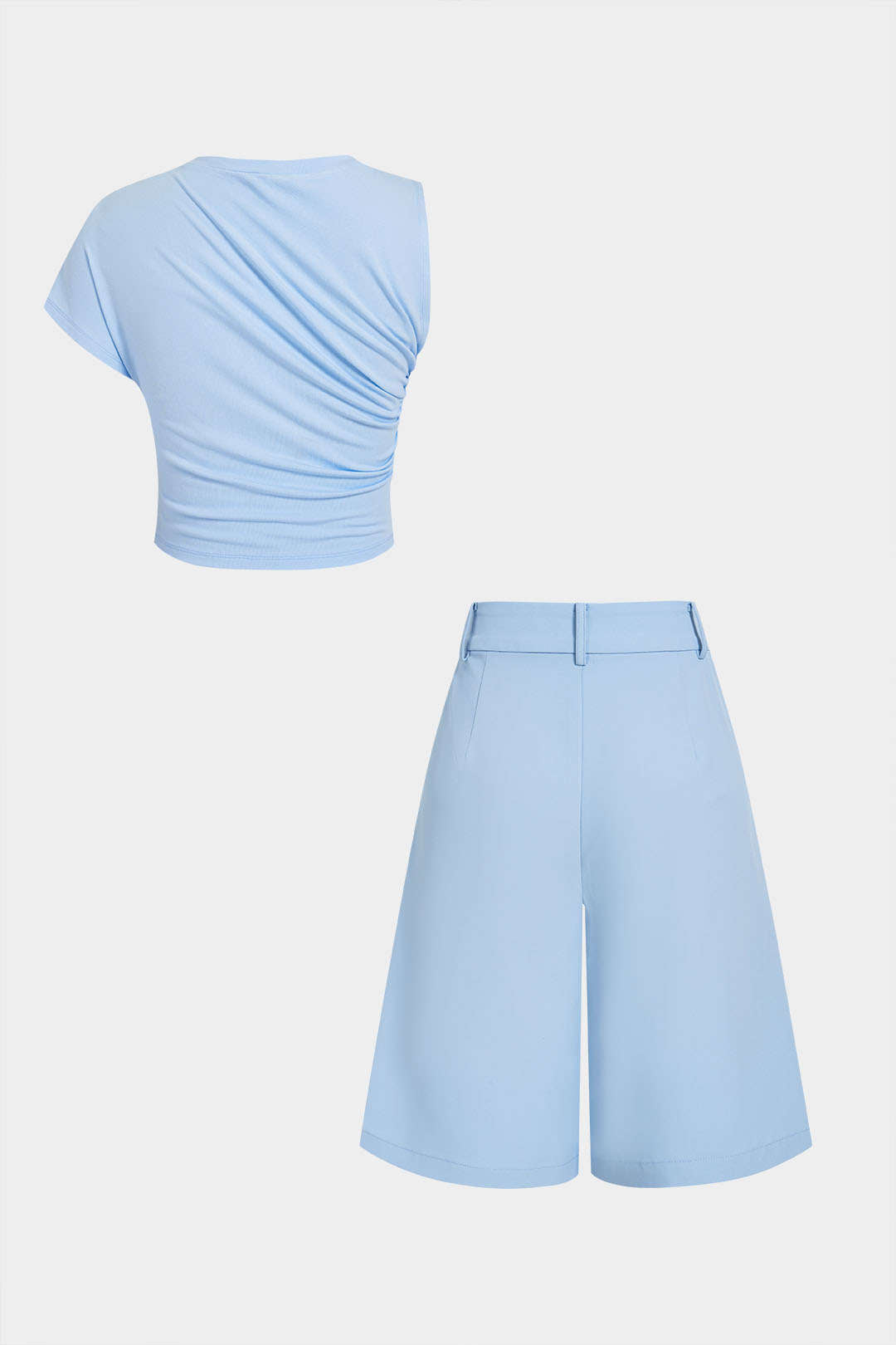 Asymmetrical Ruched Top And Pleated Wide Leg Shorts Set