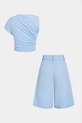 Asymmetrical Ruched Top And Pleated Wide Leg Shorts Set