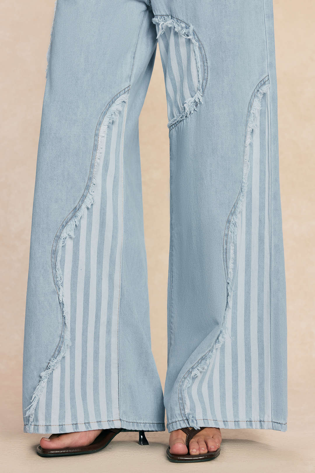 Denim Patchwork Stripes Print Asymmetrical Frayed Wide Leg Jeans