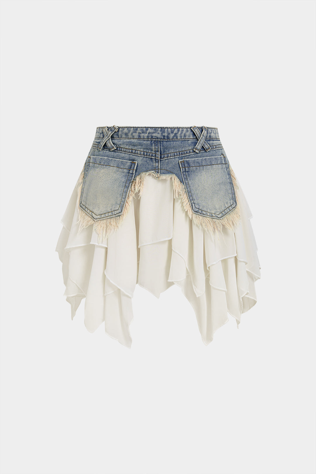 Denim Patchwork Chiffon Irregular Hem Frayed Skirt