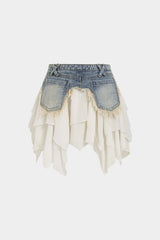 Denim Patchwork Chiffon Irregular Hem Frayed Skirt