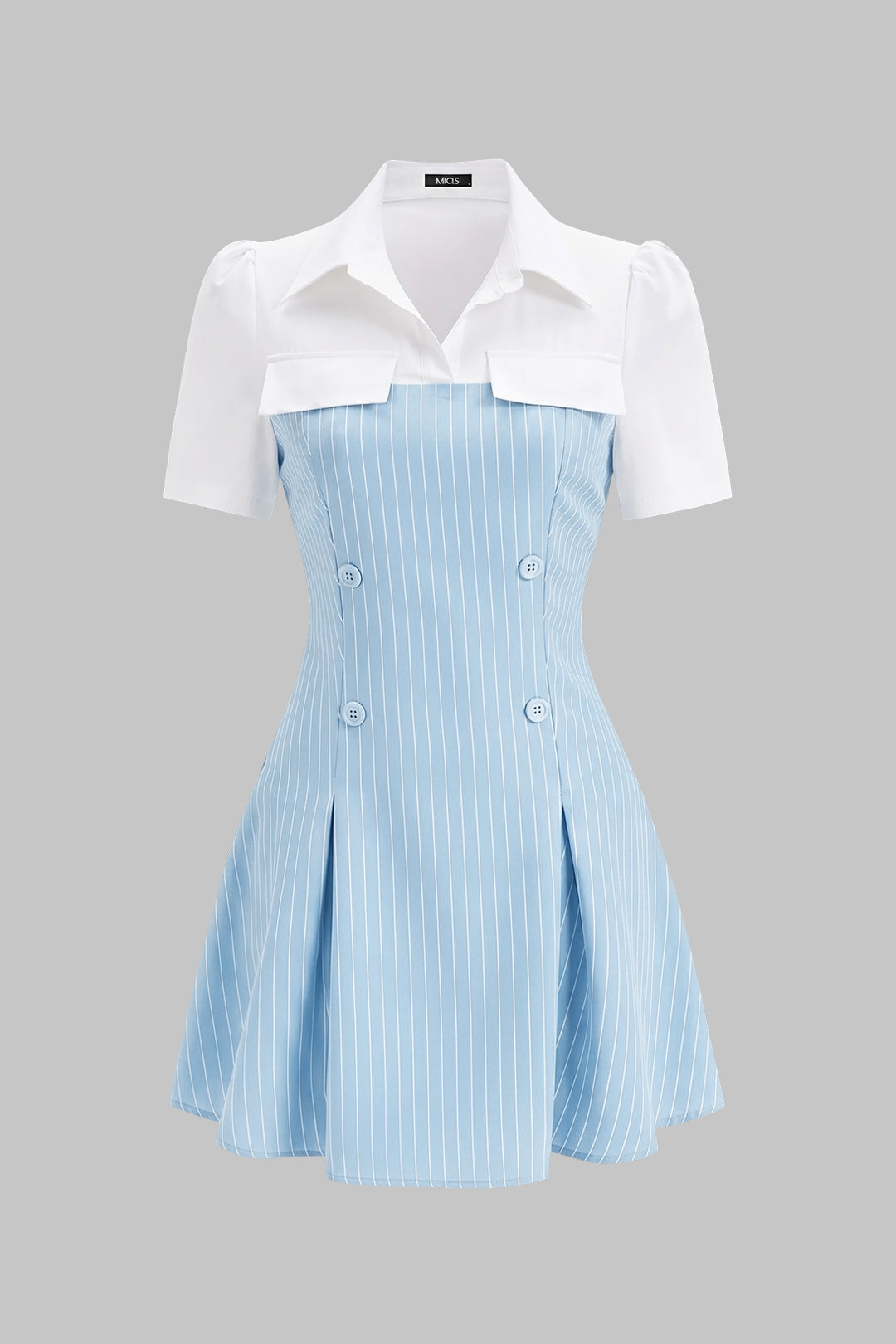 Contrast Stripes Print Button Lapel Patchwork Short Sleeve Mini Dress