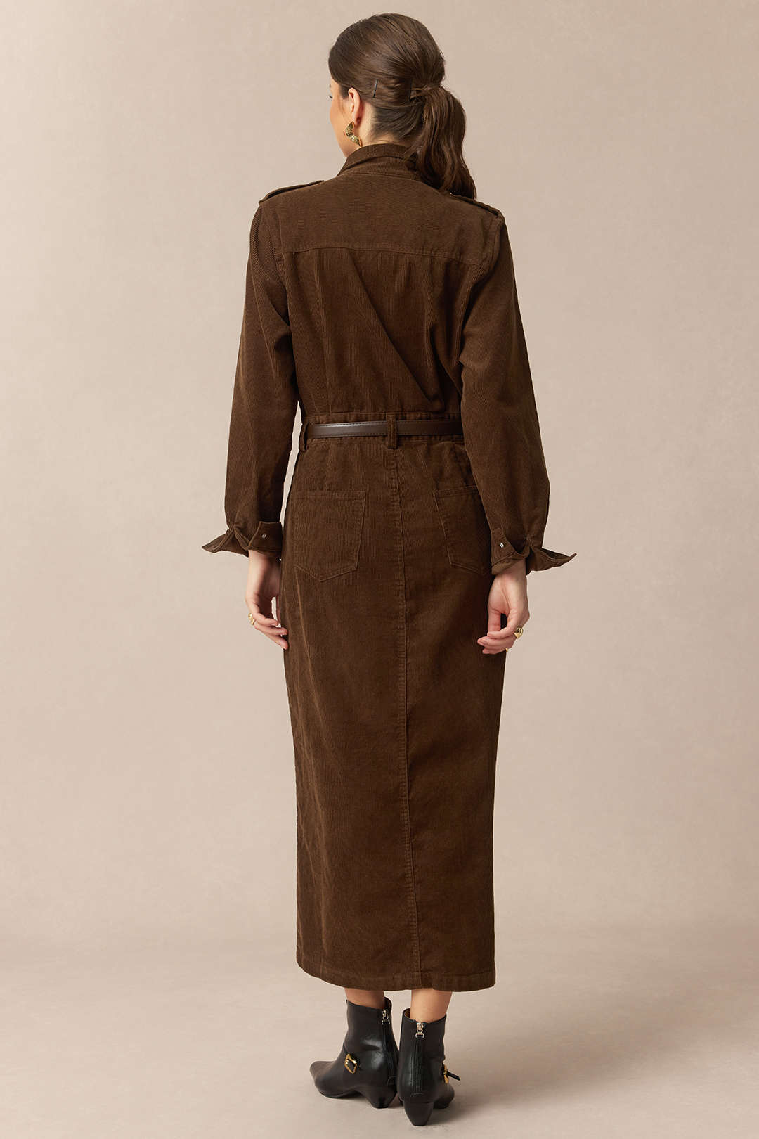 Corduroy Notched Lapel Button Pocket Belted Long Sleeve Midi Dress