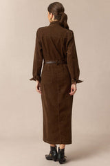 Corduroy Notched Lapel Button Pocket Belted Long Sleeve Midi Dress