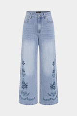 Denim Floral Cut Out Straight Leg Jeans