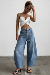 Denim Metallic Buckle Wide Leg Jeans