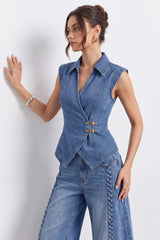 Denim Lapel V-Neck Wrap Buckle Vest