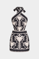 Coconut Palm Print Linen Crossed Tie-Up Sleeveless Mini Dress