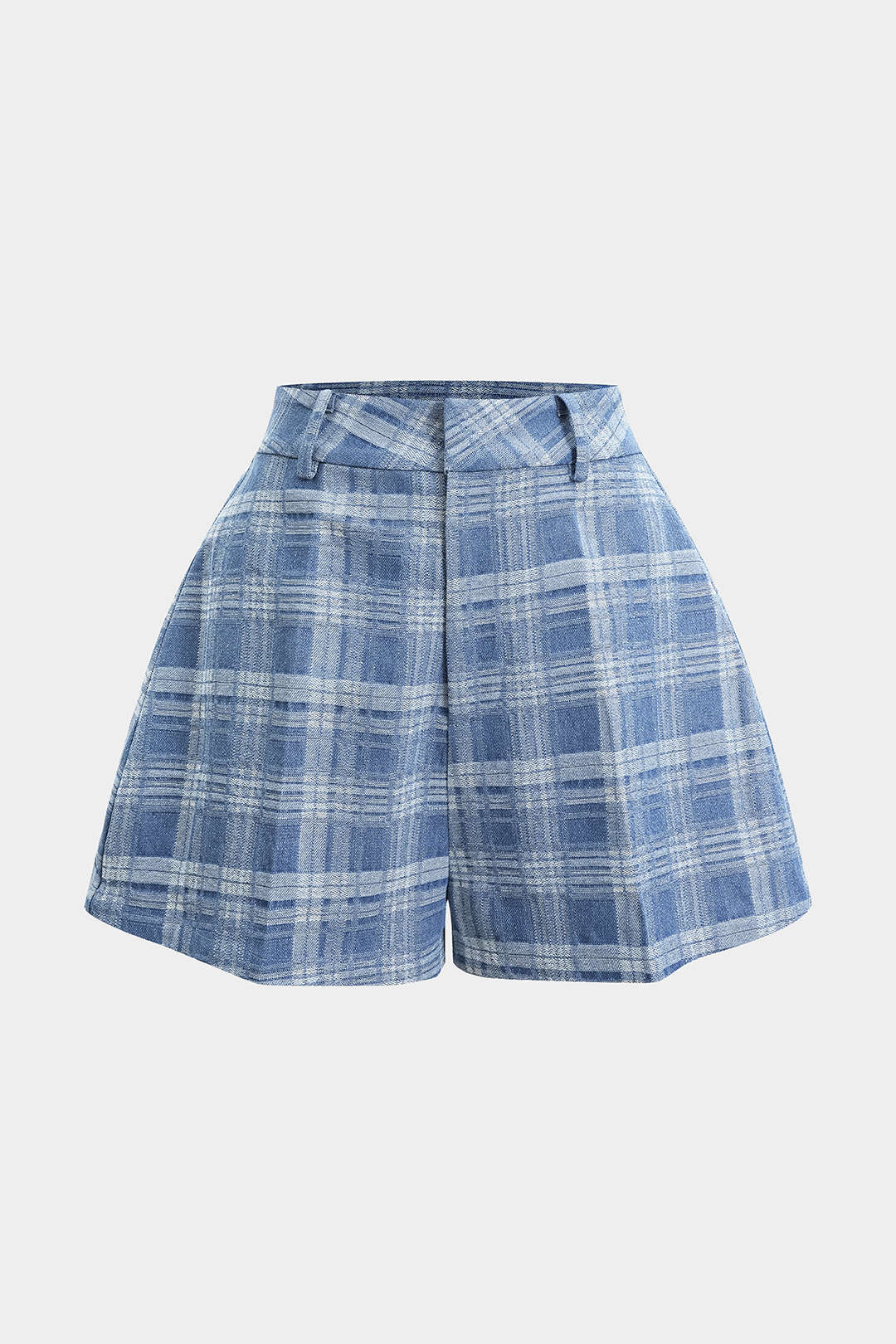 Denim Plaid Print Button Zipper Shorts