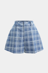 Denim Plaid Print Button Zipper Shorts