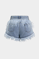 Denim Rhinestone Feather Frayed Wide Leg Shorts