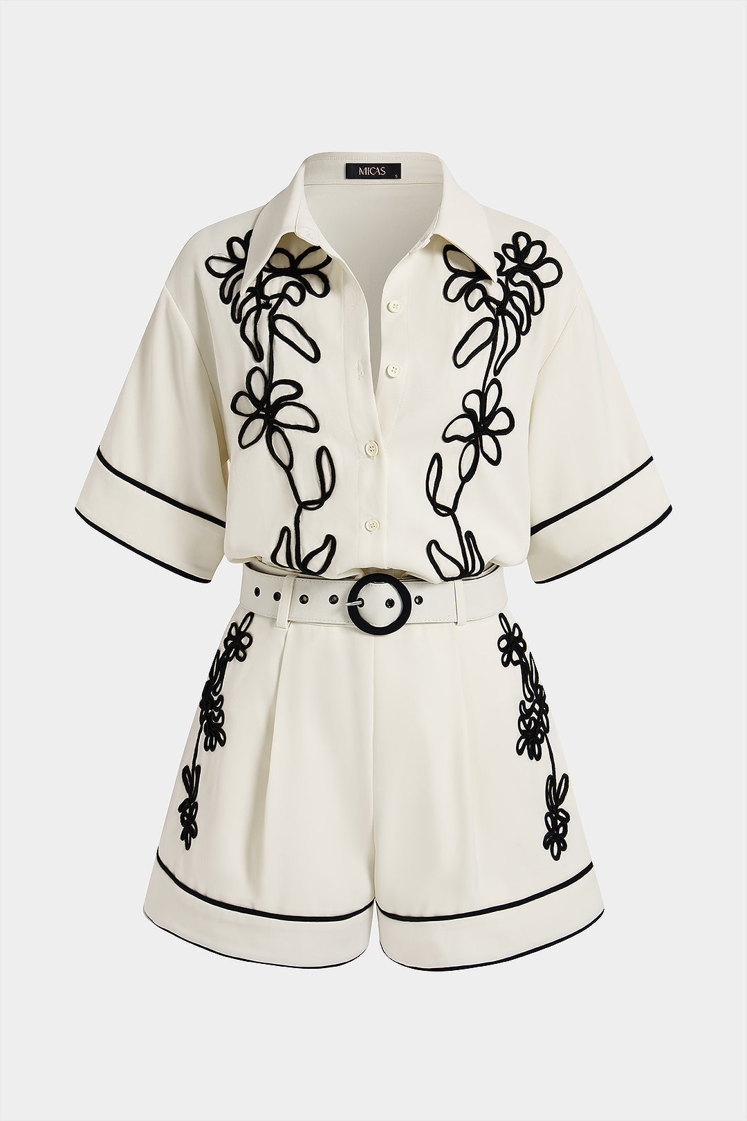 Contrast Flower Applique Short Sleeve Shirt And Belted Shorts Set