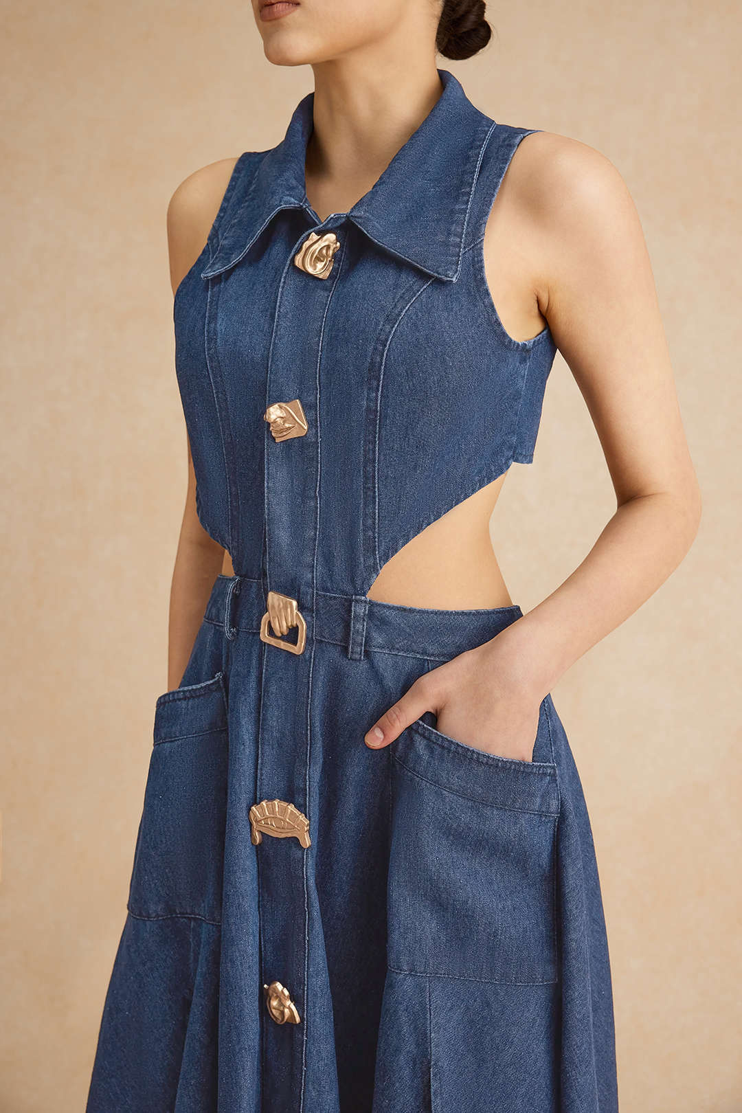 Denim Button Cut Out Midi Dress