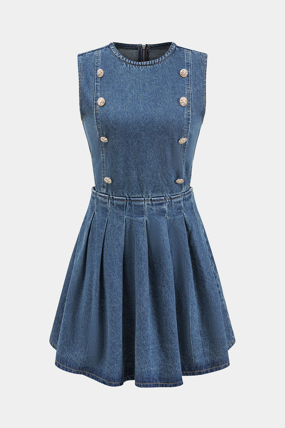 Denim Pleated Button Zipper Sleeveless Mini Dress