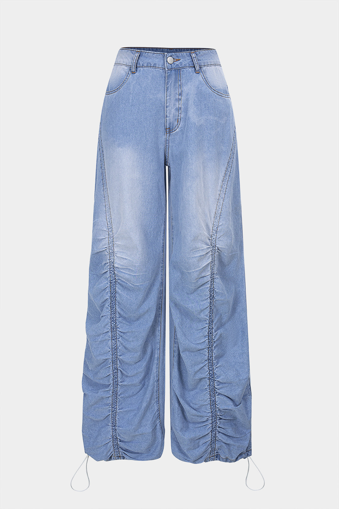Denim Ruched Drawstring Straight Leg Jeans