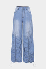 Denim Ruched Drawstring Straight Leg Jeans