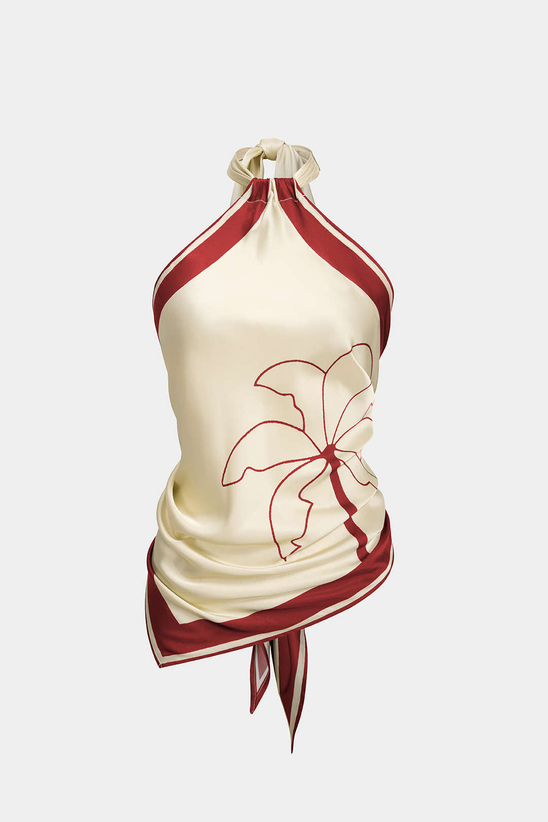 Contrast Floral Print Satin Halter Neck Tie-Up Backless Tank Top
