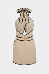 Contrast Crossed Halter Neck Asymmetrical Cut Out Tie-Up Sleeveless Mini Dress